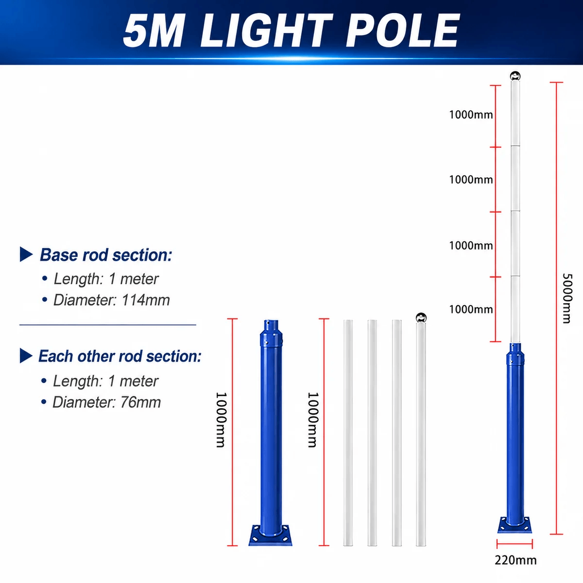 Technical dimension diagram for the 5m light pole variant showing the heavy duty 1000mm base rod section with a 114mm diameter alongside four 1-metre split assembly interlocking extension sections with a 76mm diameter.