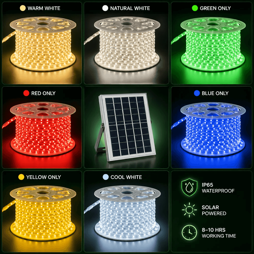 Multi-panel chart showing seven single colour options for solar rope lights outdoor including warm white, natural white, green, red, blue, yellow, and cool white variants.