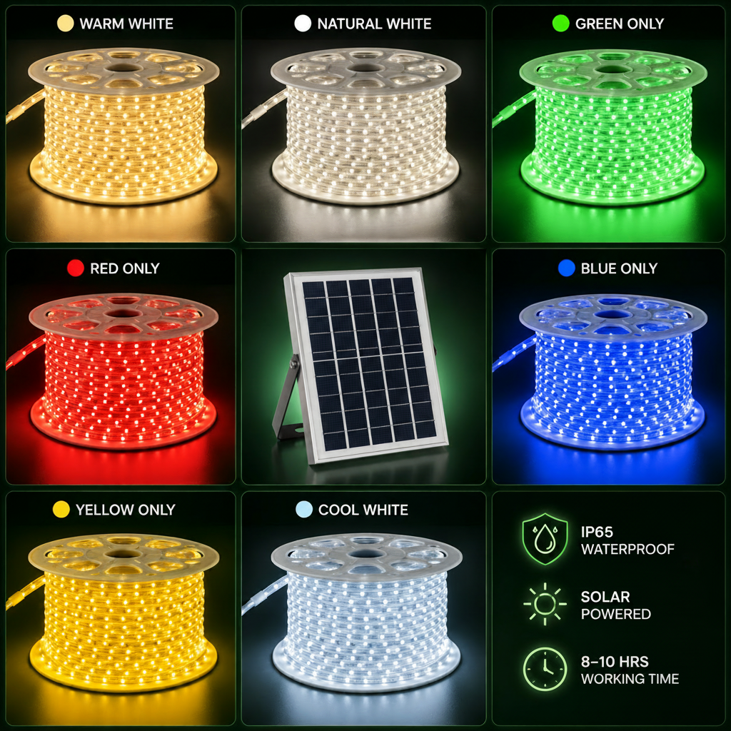 Multi-panel chart showing seven single colour options for solar rope lights outdoor including warm white, natural white, green, red, blue, yellow, and cool white variants.