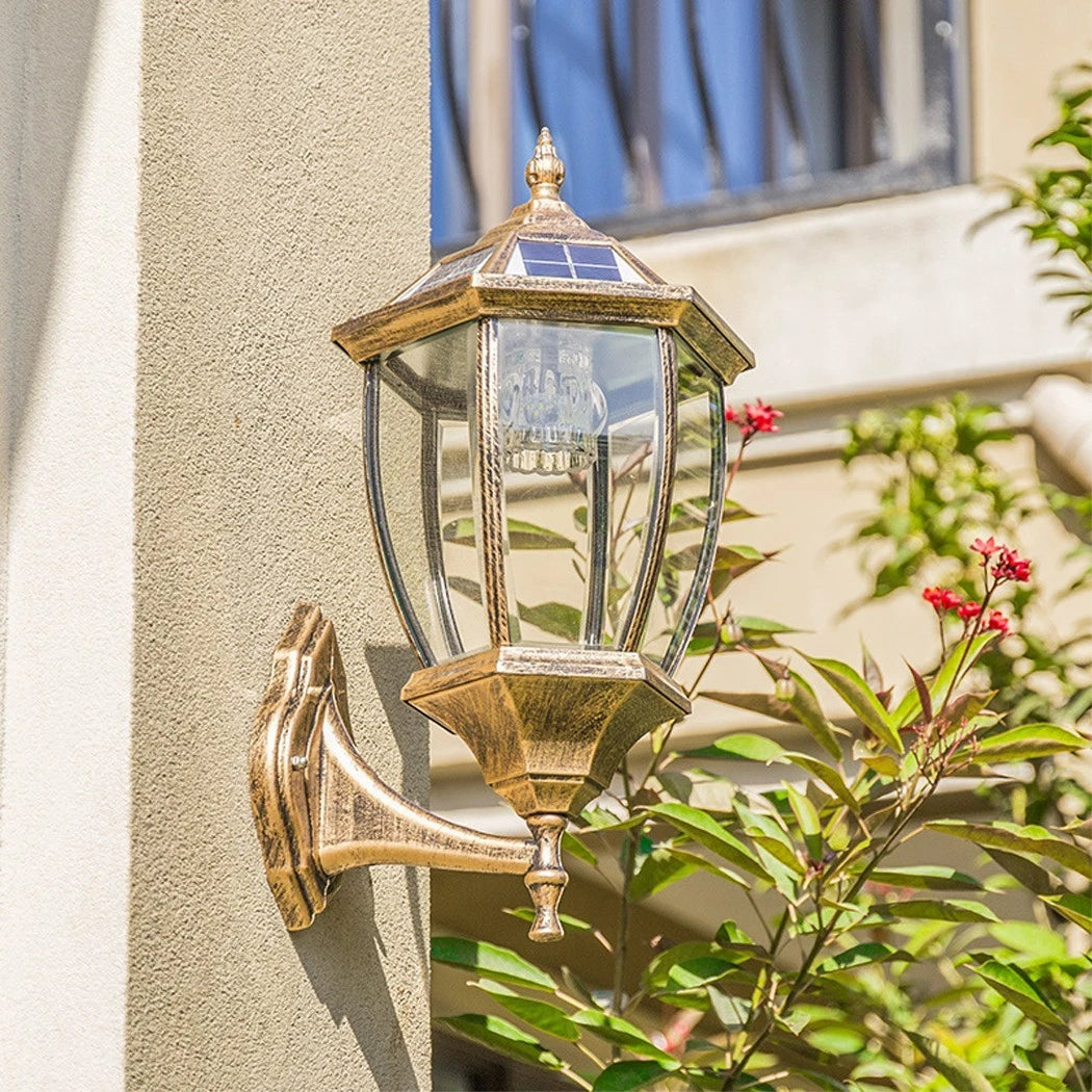 Victorian Solar Wall Light Outdoor – Bronze Coach Lantern with Clear Glass & Solar Panel