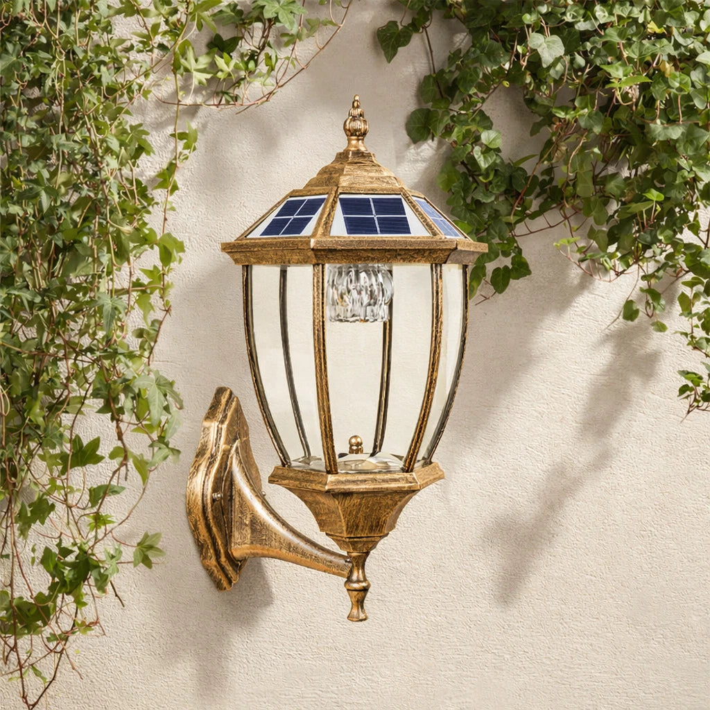 Victorian Solar Wall Light Outdoor – Bronze Coach Lantern with Clear Glass & Solar Panel