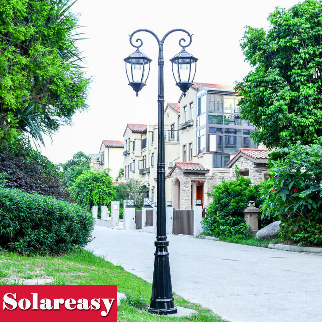 Double Head Solar Coach Post Light 2 Head Clear Glass street Lantern Hexagonal