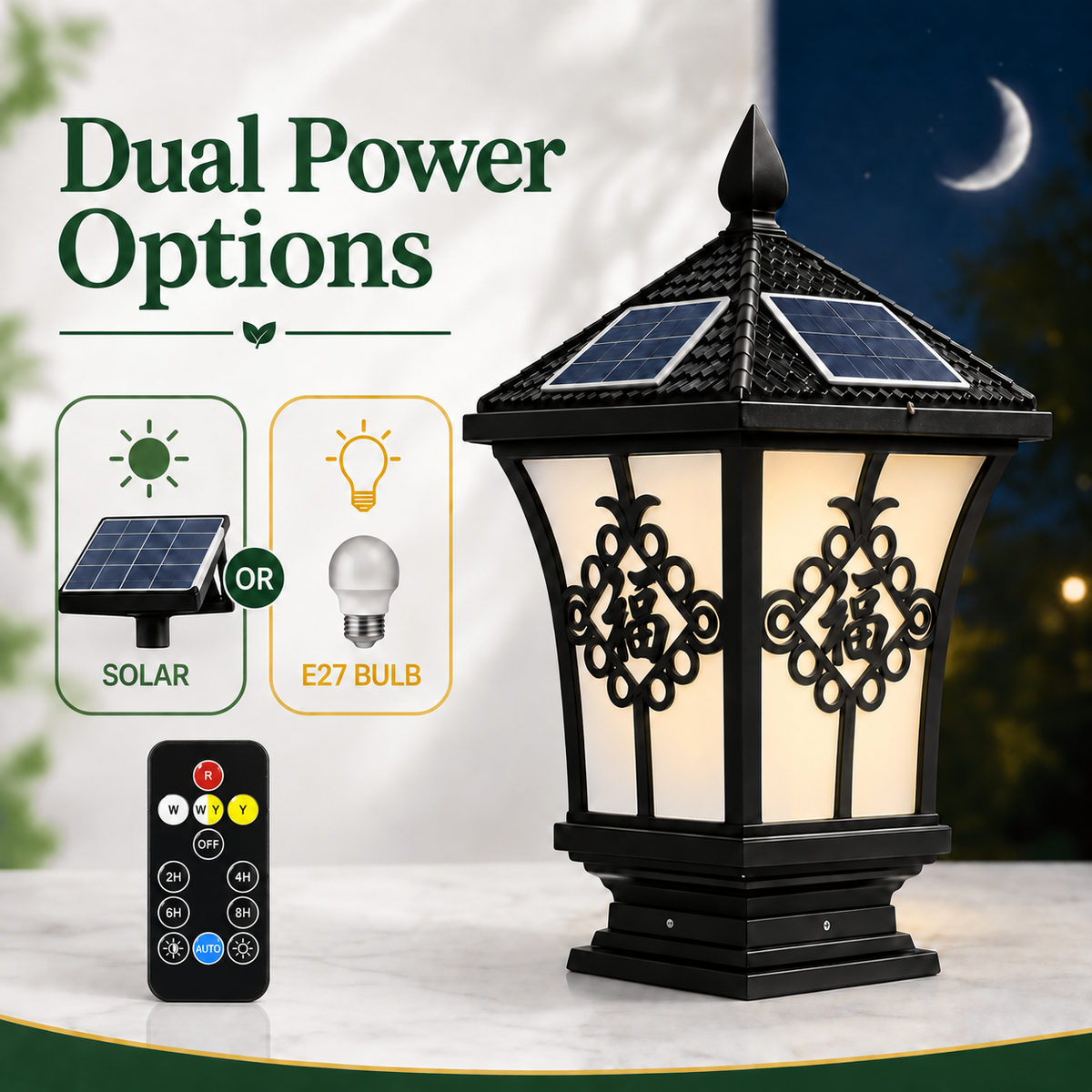 An infographic highlighting the dual power options of this solar gate light Australia homeowners trust, showing the hybrid choice between the built-in solar panel or an optional E27 bulb.