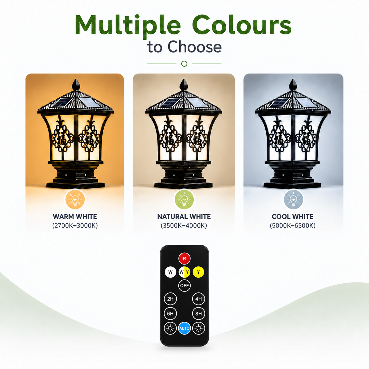 A color temperature breakdown of the premium solar post light Australia properties use, displaying selectable warm white, natural white, and cool white modes controlled via remote.