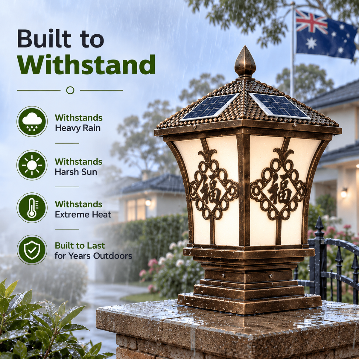 An antique bronze solar coach lamp standing on a brick gate pillar in heavy rain, demonstrating its ability to withstand harsh Australian weather, sun, and extreme heat.