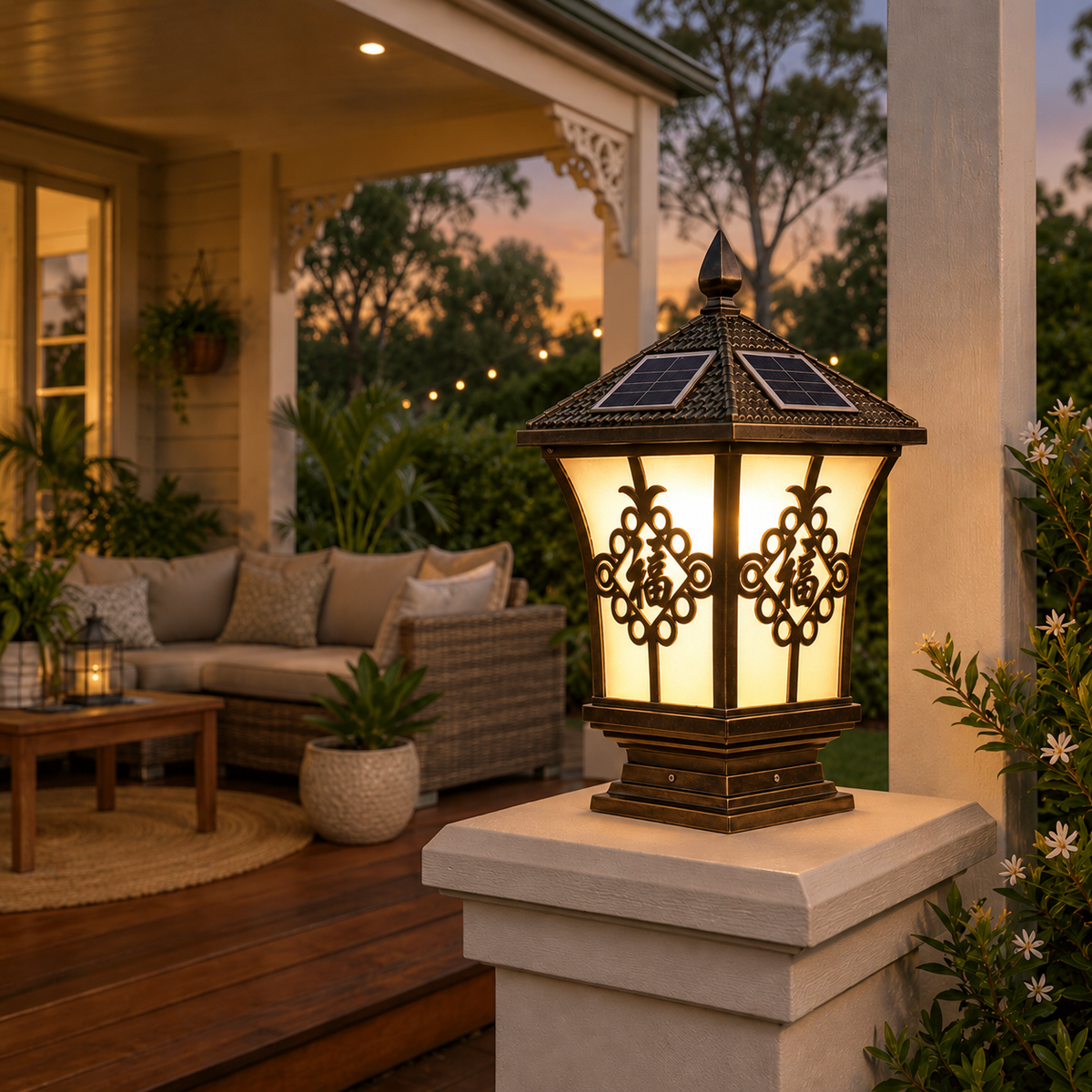An antique bronze solar coach lamp casting a warm glow on a post pillar, beautifully illuminating an outdoor wooden deck and alfresco verandah entertaining area at sunset.