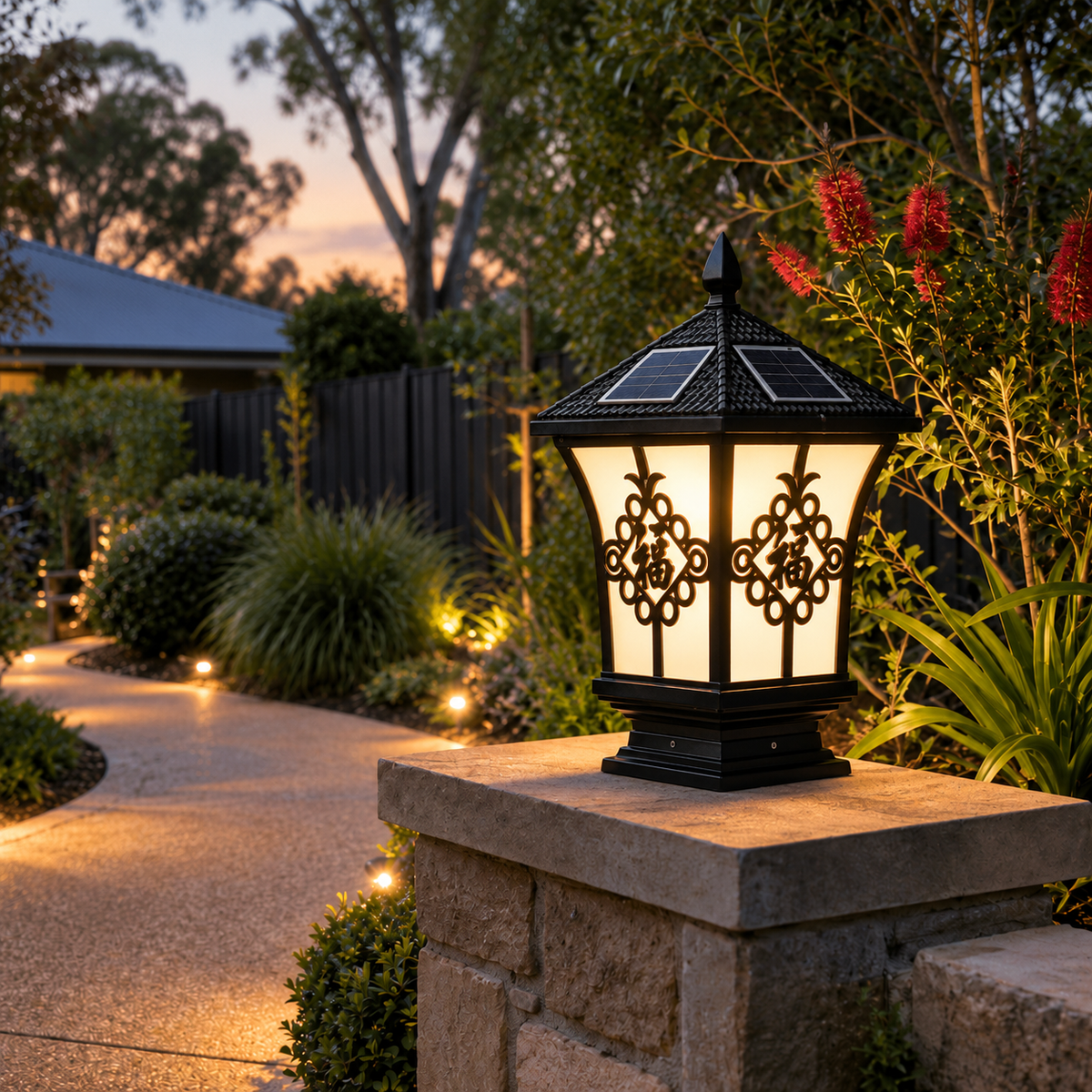 A traditional black solar post light Australia homeowners choose, mounted on a stone retaining wall pillar to illuminate a concrete garden pathway and native backyard landscaping at twilight.