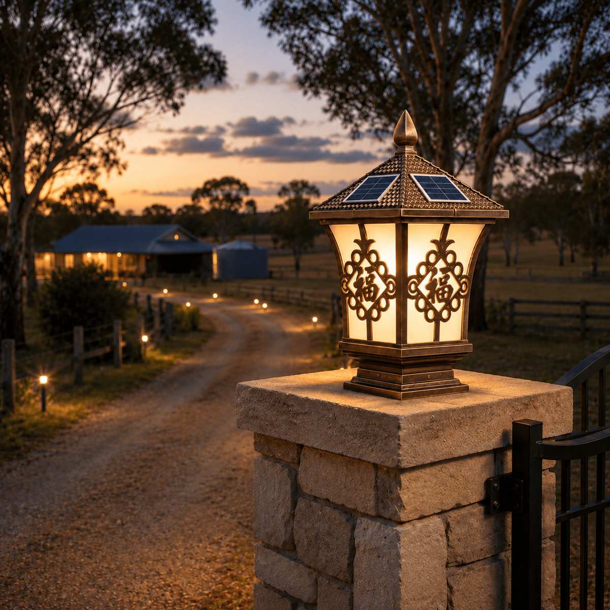 An antique bronze solar pillar light Australia rural property owners choose, glowing on a stone fence post to illuminate a long country acreage driveway entrance at dusk.