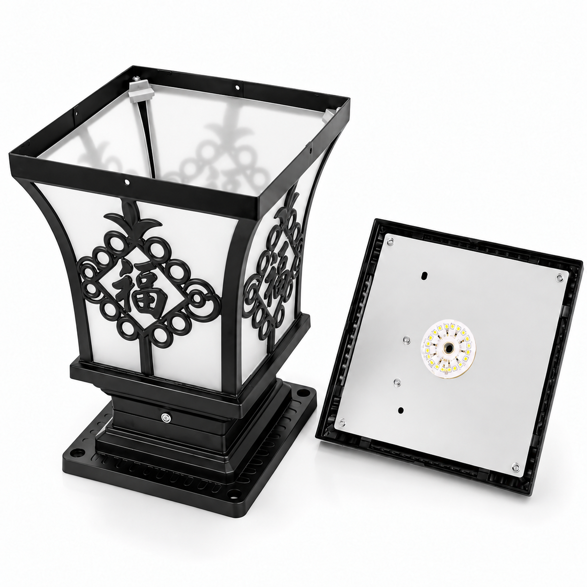 An open view of the black solar coach lamp housing with the top lid removed, displaying the internal circular solar LED light panel configuration and interior structural assembly components.