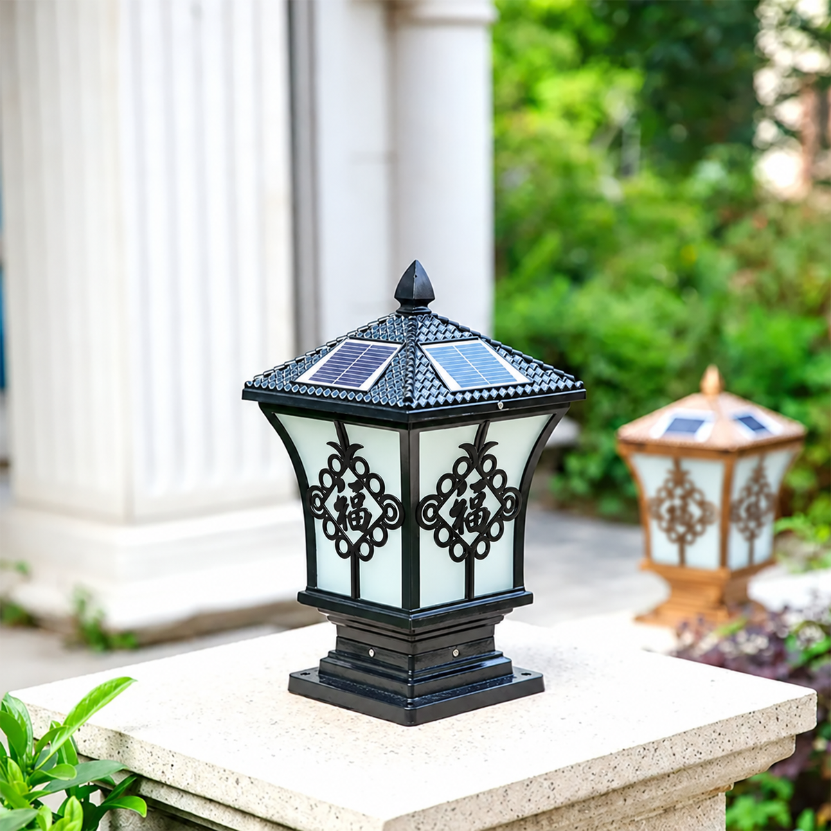 Black heritage solar coach lamp installed as a pillar post and gate light on a stone pillar in Australia.