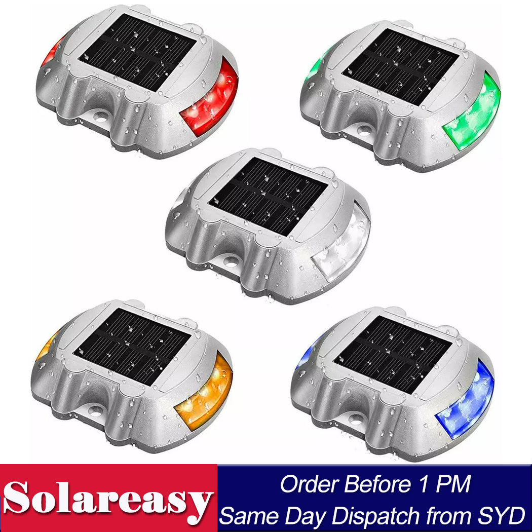  solar-powered road studs in metallic casing with vibrant LED lights—red, green, white, yellow, and blue—each featuring a top solar panel and waterproof design for enhanced night-time visibility and outdoor safety