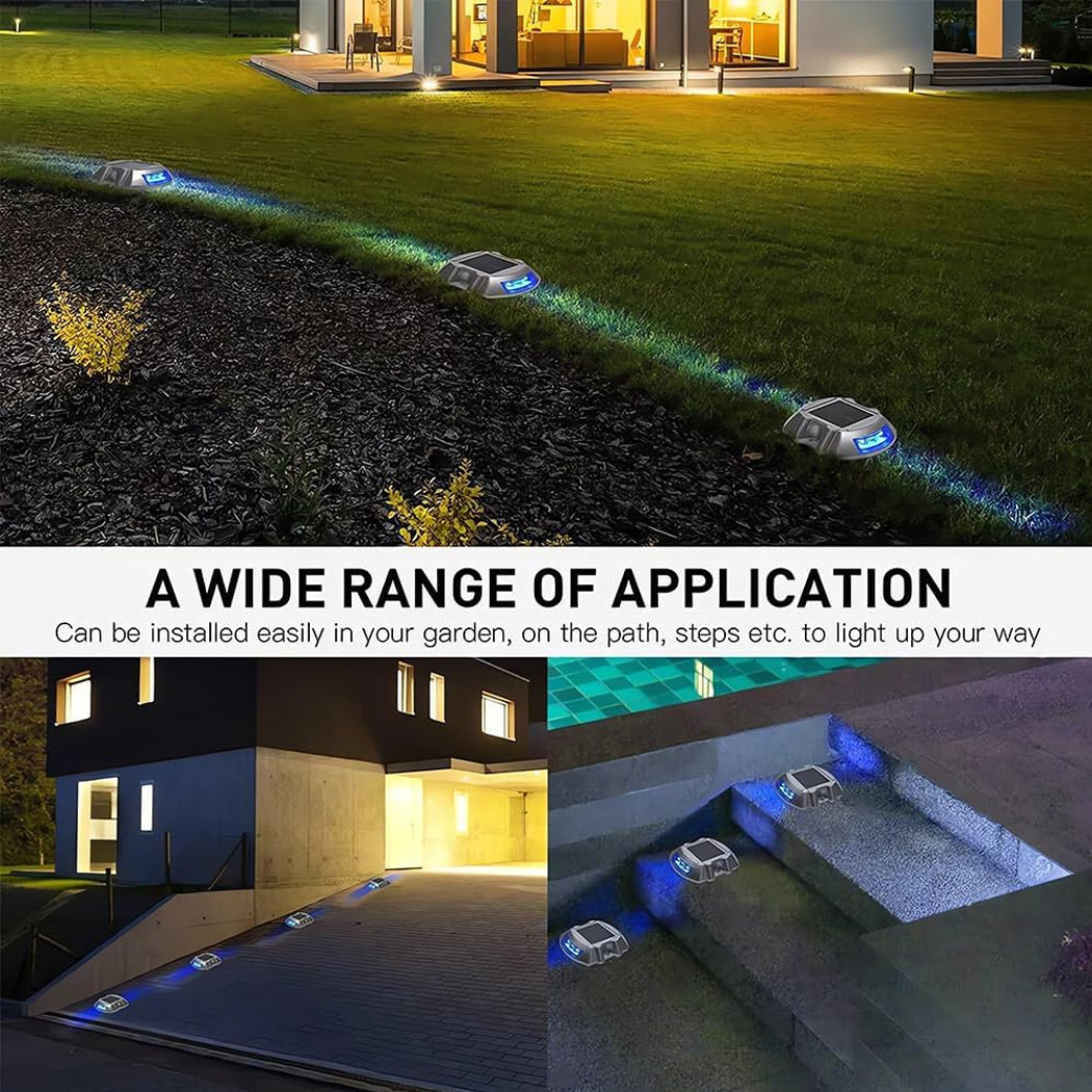 Solar-powered driveway deck marker lights installed along garden edges, steps, and driveways—emitting a vivid blue glow to enhance night-time safety, visibility, and modern outdoor aesthetics