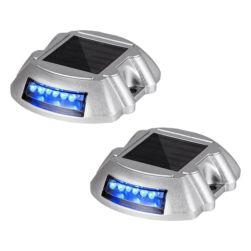 Pair of solar-powered driveway deck marker lights with silver metallic casing and blue LED illumination—designed for outdoor safety, clear nighttime guidance, and easy installation with top-mounted solar panels and durable build.