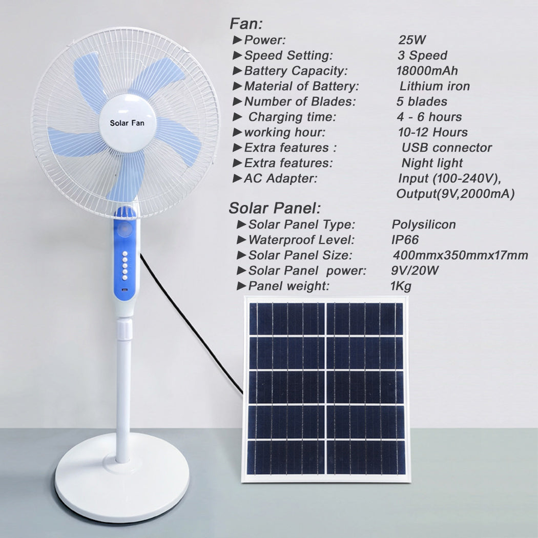 Solar Powered Pedestal Fan Stand Fan Outdoor Indoor AC Adapter Caravan Solar Fan