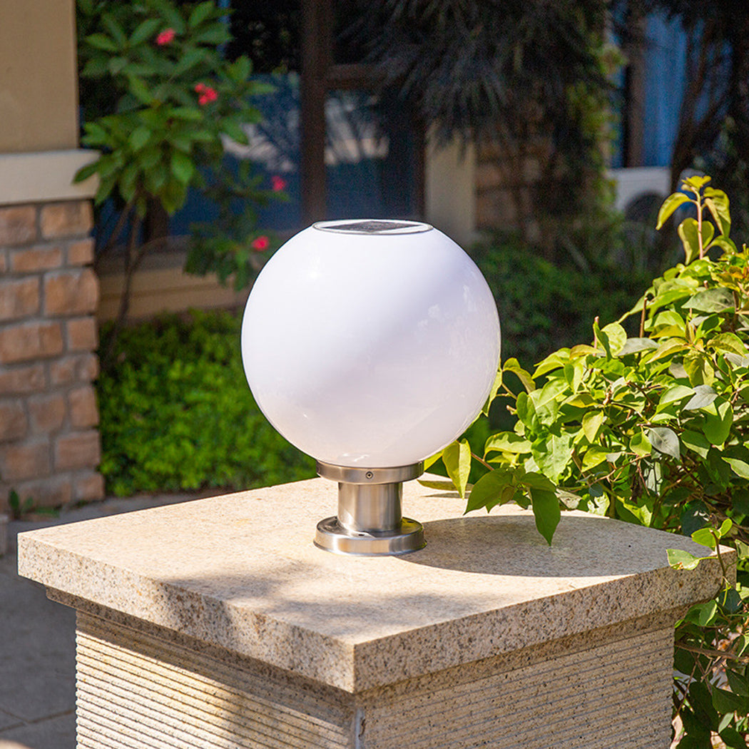 Solar White Spherical Globe Pillar Light 3 Lighting Modes Waterproof Post-Mounted Lights