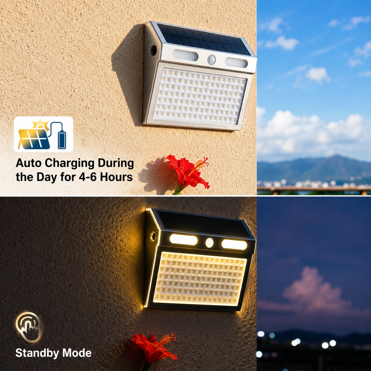 Solar Sensor Wall Light Stainless Steel, Warm White DailyLight Super Bright