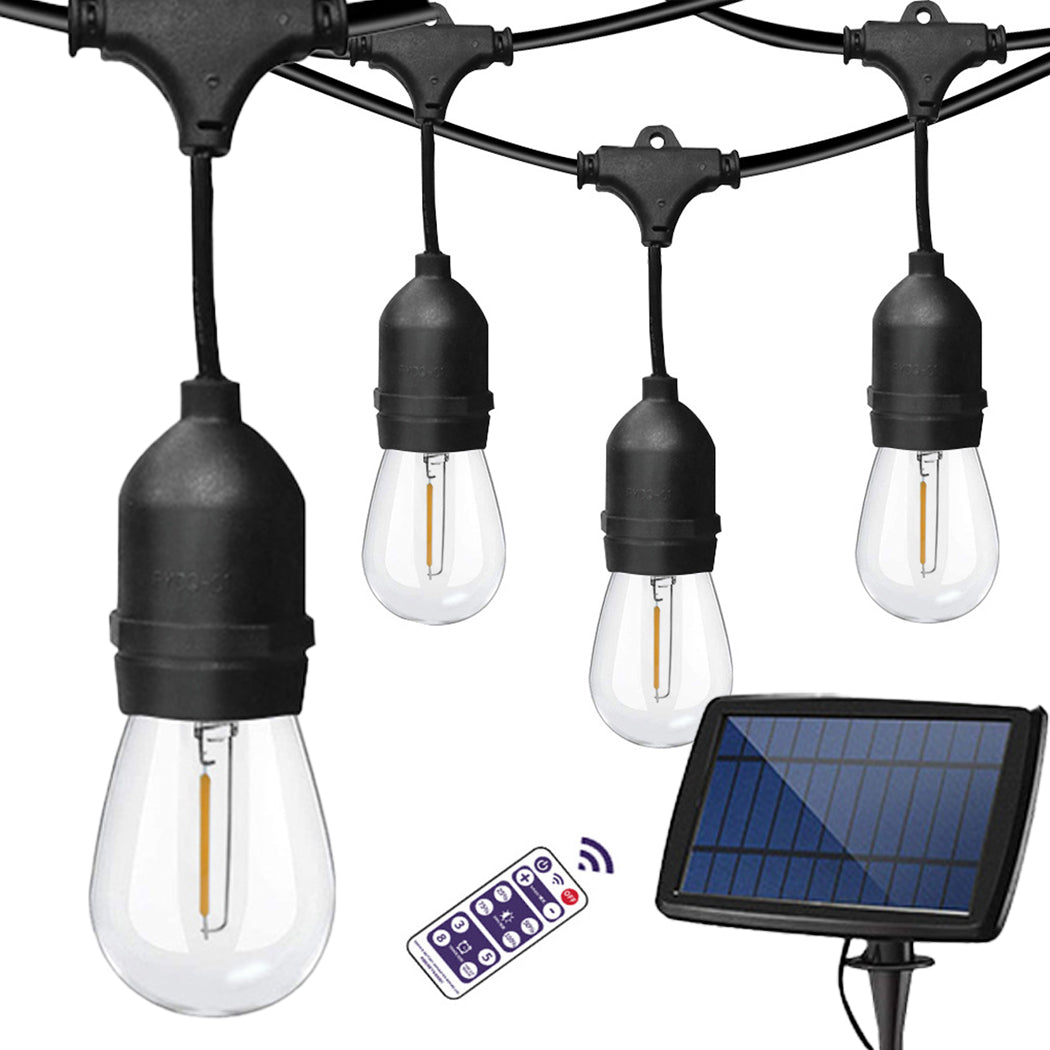 Solar String Lights - Commercial Grade Heavy Duty Festoon String Light 15 Hanging Sockets with 15 2W LED Bulb Warm White for Party Patio Garden