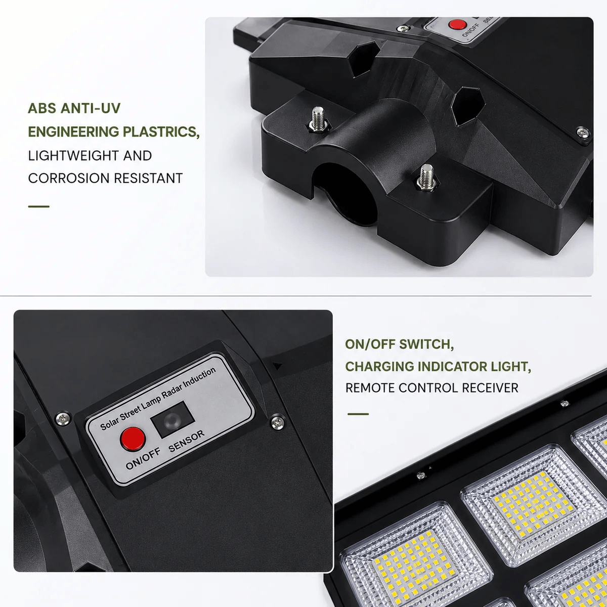 Corrosion resistant solar street light diagram showing anti uv abs engineering plastics and the integrated control panel switch
