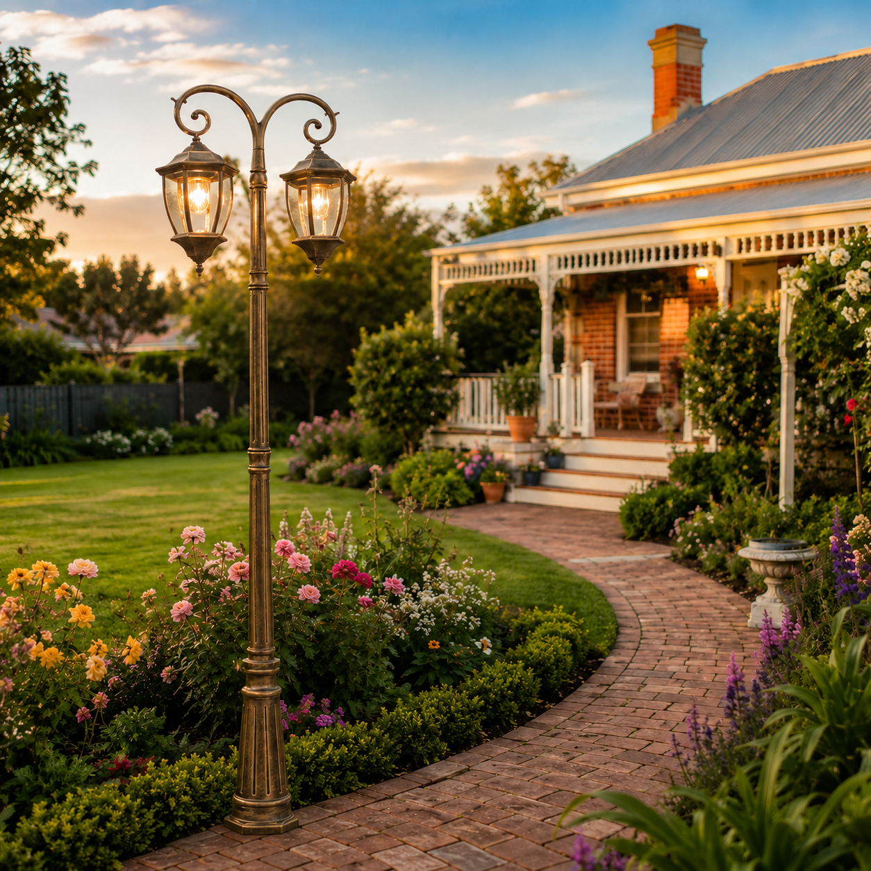 Antique bronze double head solar post light illuminating a brick pathway and lush garden landscape next to a heritage home.