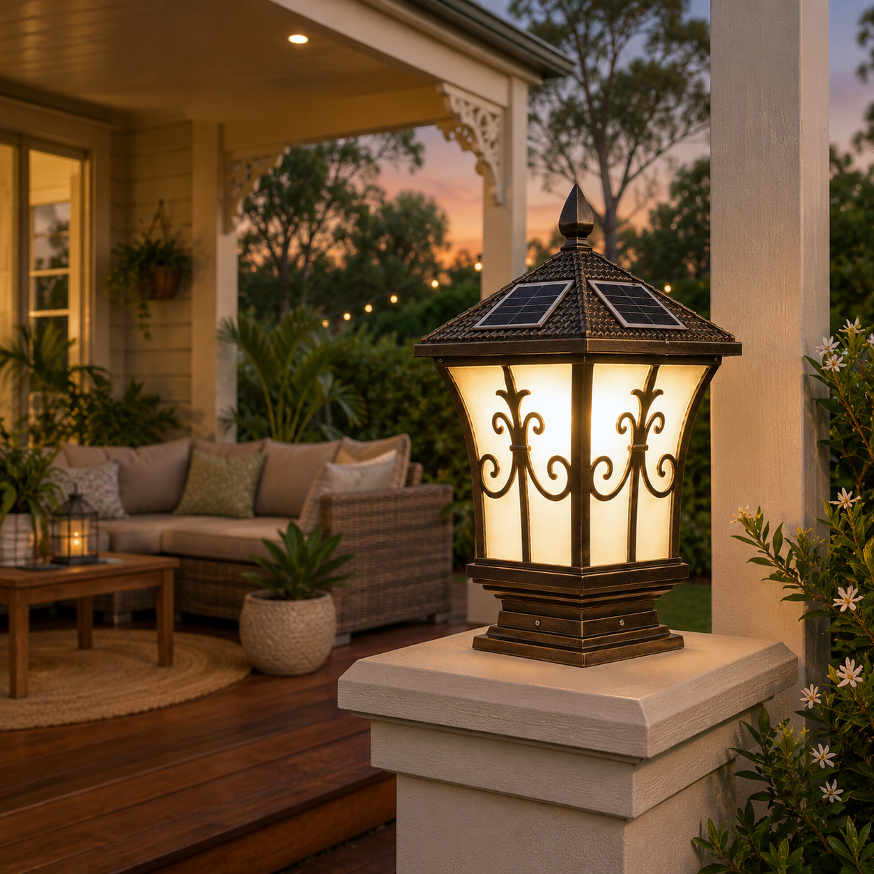 An antique bronze solar coach lamp casting a warm glow on a post pillar, beautifully illuminating an outdoor wooden deck and alfresco verandah entertaining area at sunset.