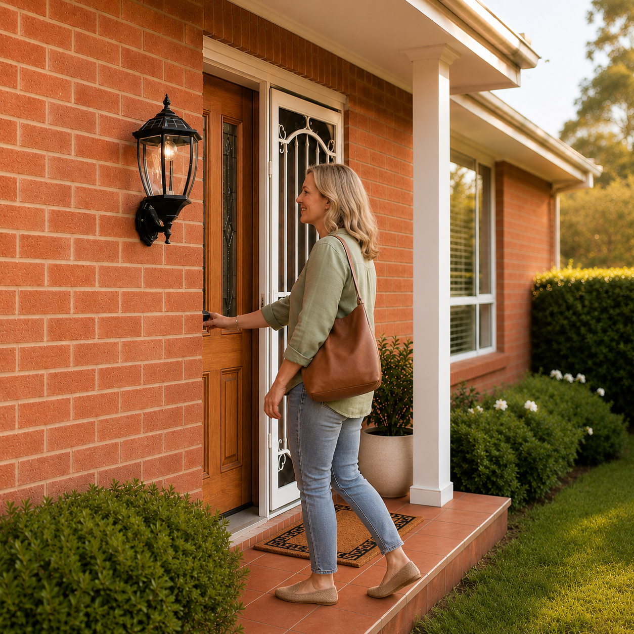 Antique solar wall light in a classic coach design illuminating a home front brick entrance next to a wooden door as an exterior wall light.