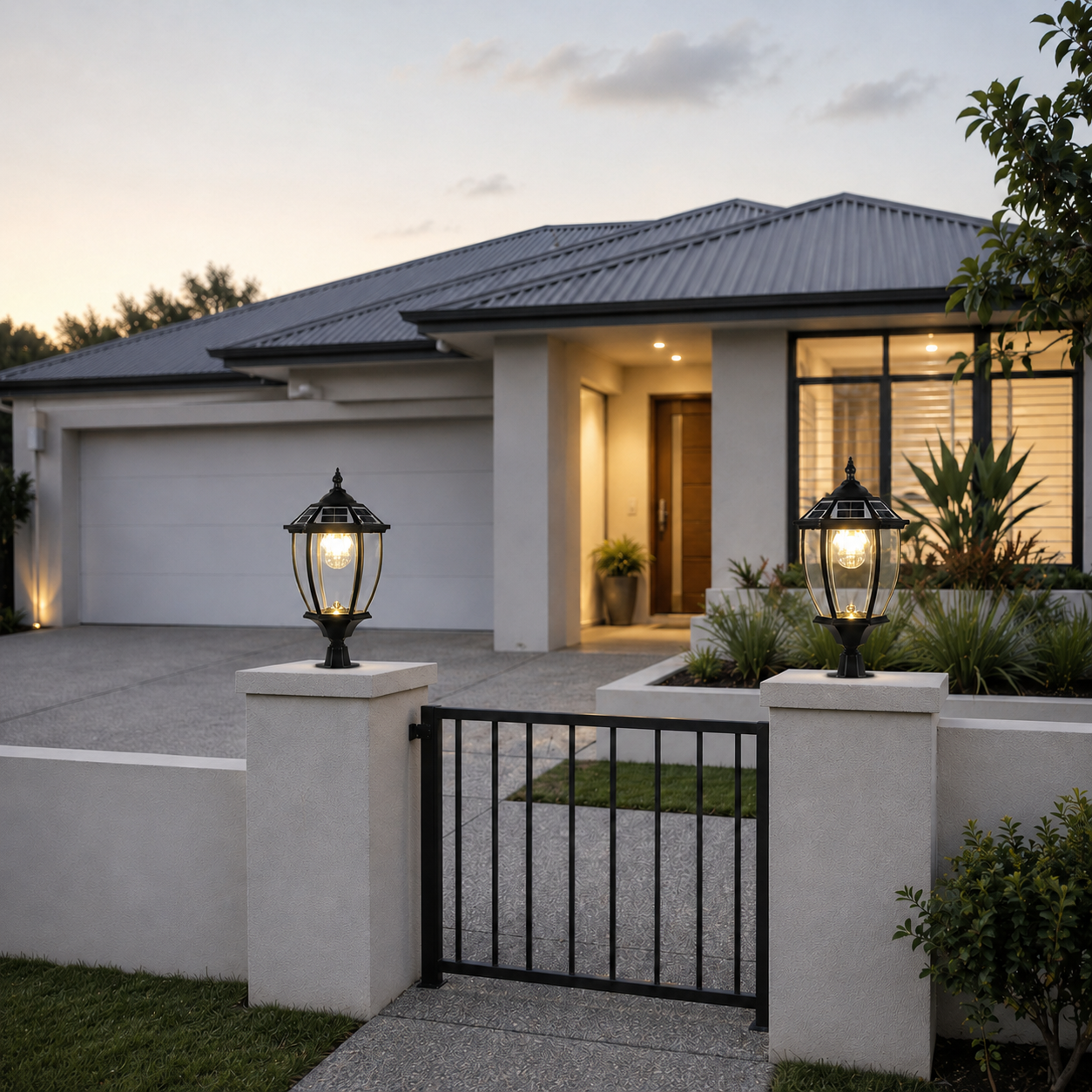 Two black Victorian solar pillar lights illuminating an outdoor garden entrance, mounted securely on concrete driveway pillars and brick columns in front of an Australian home.