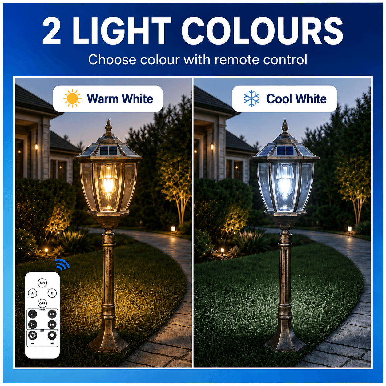 A comparison infographic showing the warm white and cool white light colour modes for the bronze antique solar lantern using a remote control.