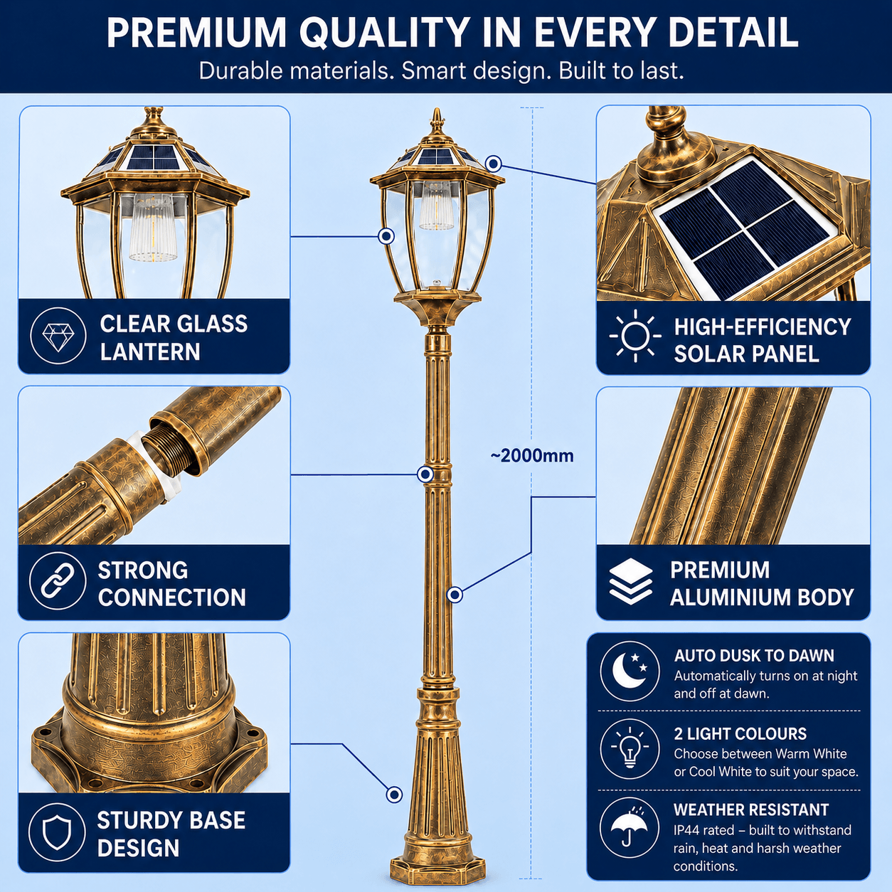 A technical design breakdown of the 2000mm bronze Victorian solar post light showing its clear glass solar lantern and premium aluminium body features.