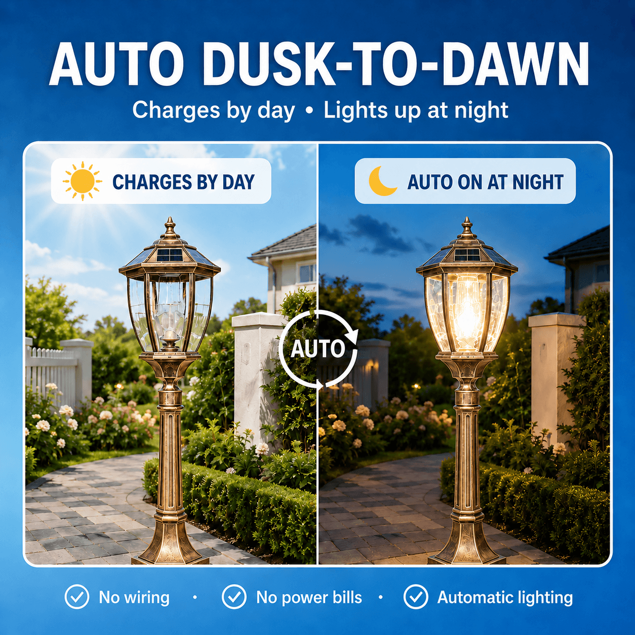 An infographic illustrating the auto dusk-to-dawn charging and lighting features of the bronze outdoor solar lamp post.
