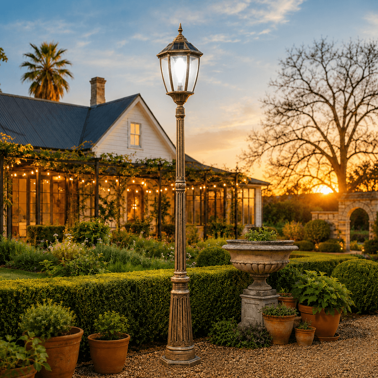 A tall bronze solar garden lamp post providing cool white light in a beautifully landscaped backyard garden at sunset.