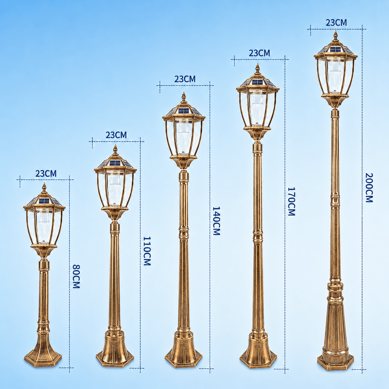 A side by side height size comparison chart for the bronze solar garden lamp post in eighty centimeter to two hundred centimeter options.