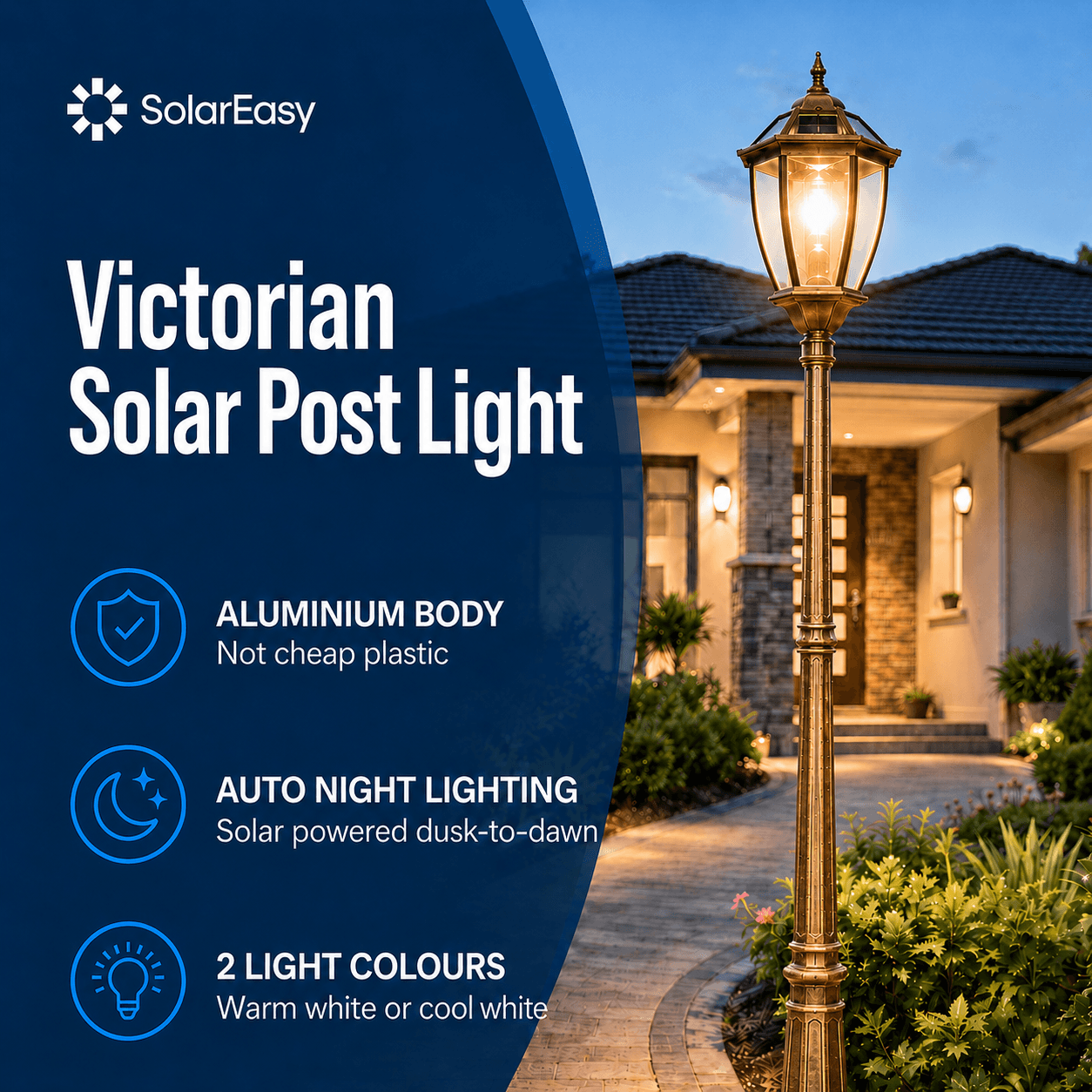 An illuminated bronze Victorian solar post light displaying automated night lighting features on a residential walkway.