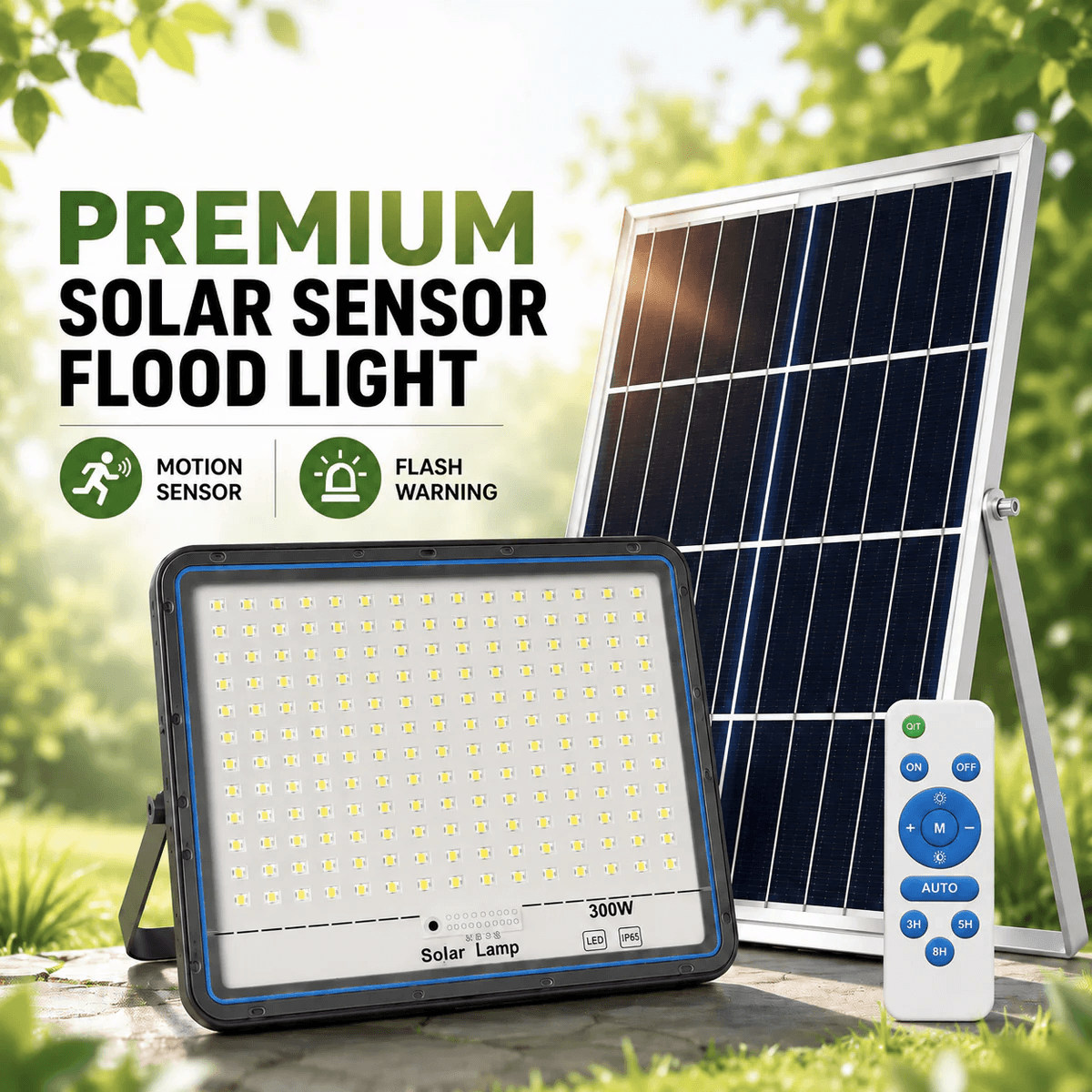 Premium Solar Sensor Flood Lights 300W kit including a high efficiency solar panel, black LED fixture, and wireless remote control.