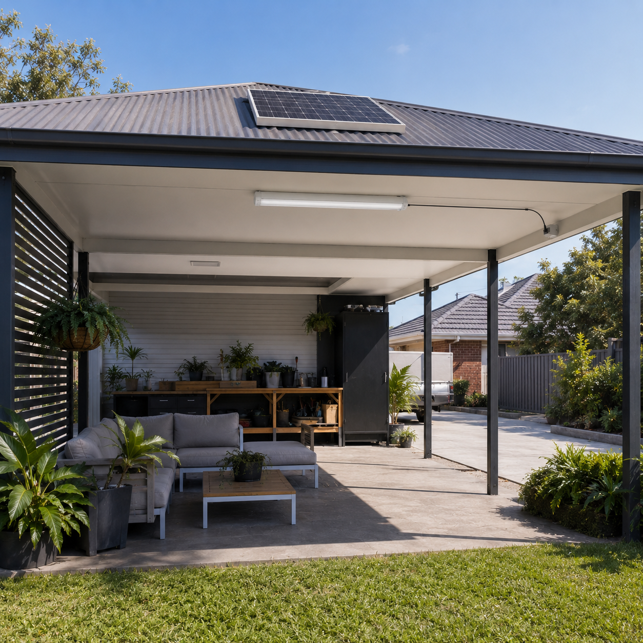 Modern outdoor carport solar light setup featuring a ceiling mounted LED bar light connected to a roof solar panel.