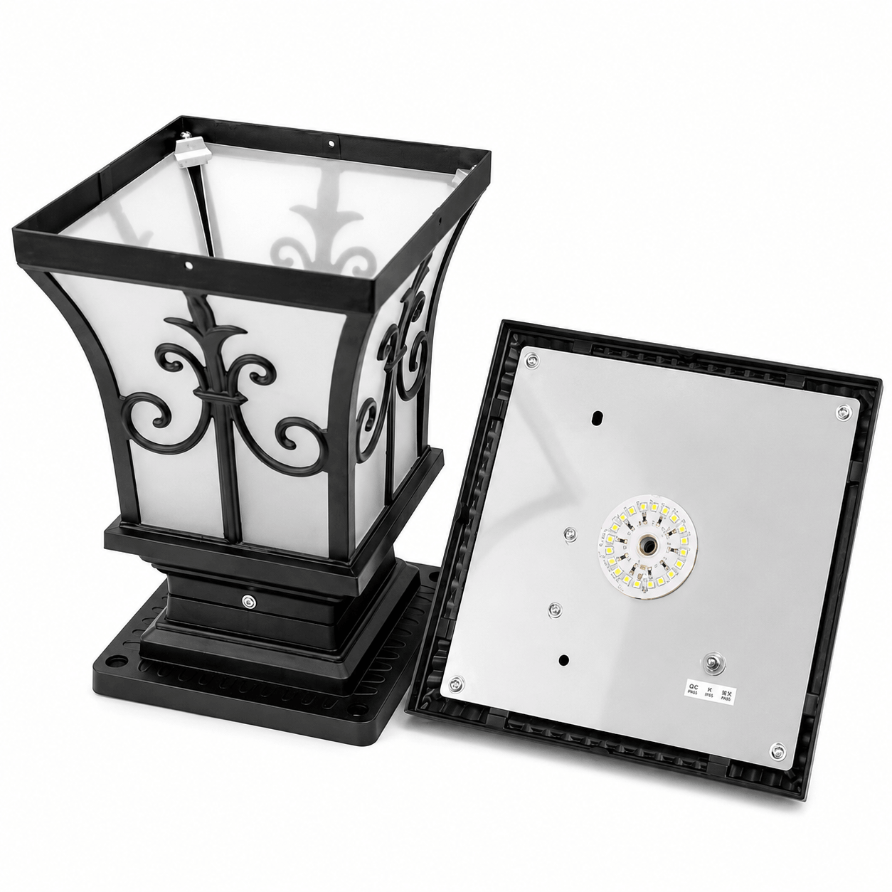 Cast aluminium solar lamp post assembly showing the internal 12 high-intensity LED light panel, white diffuser housing, and weather-sealed construction details.