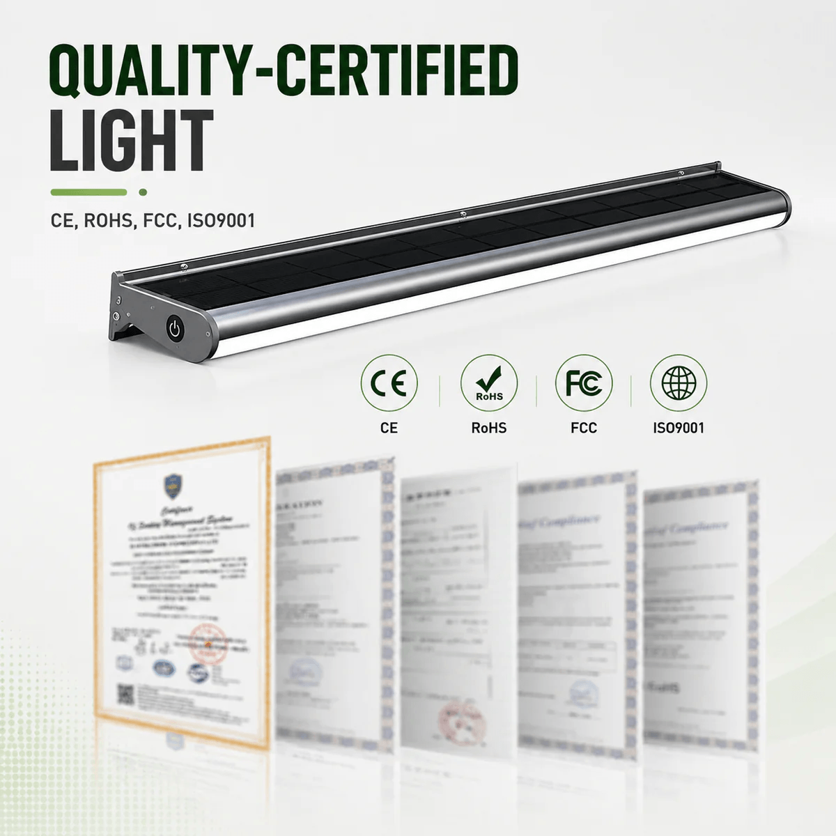 An infographic displaying a quality-certified solar sign lights fixture for outdoor solar sign lighting alongside its official CE, RoHS, FCC, and ISO9001 compliance certificates.