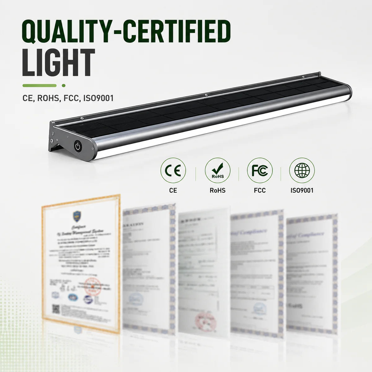 An infographic displaying a quality-certified solar sign lights fixture for outdoor solar sign lighting alongside its official CE, RoHS, FCC, and ISO9001 compliance certificates.