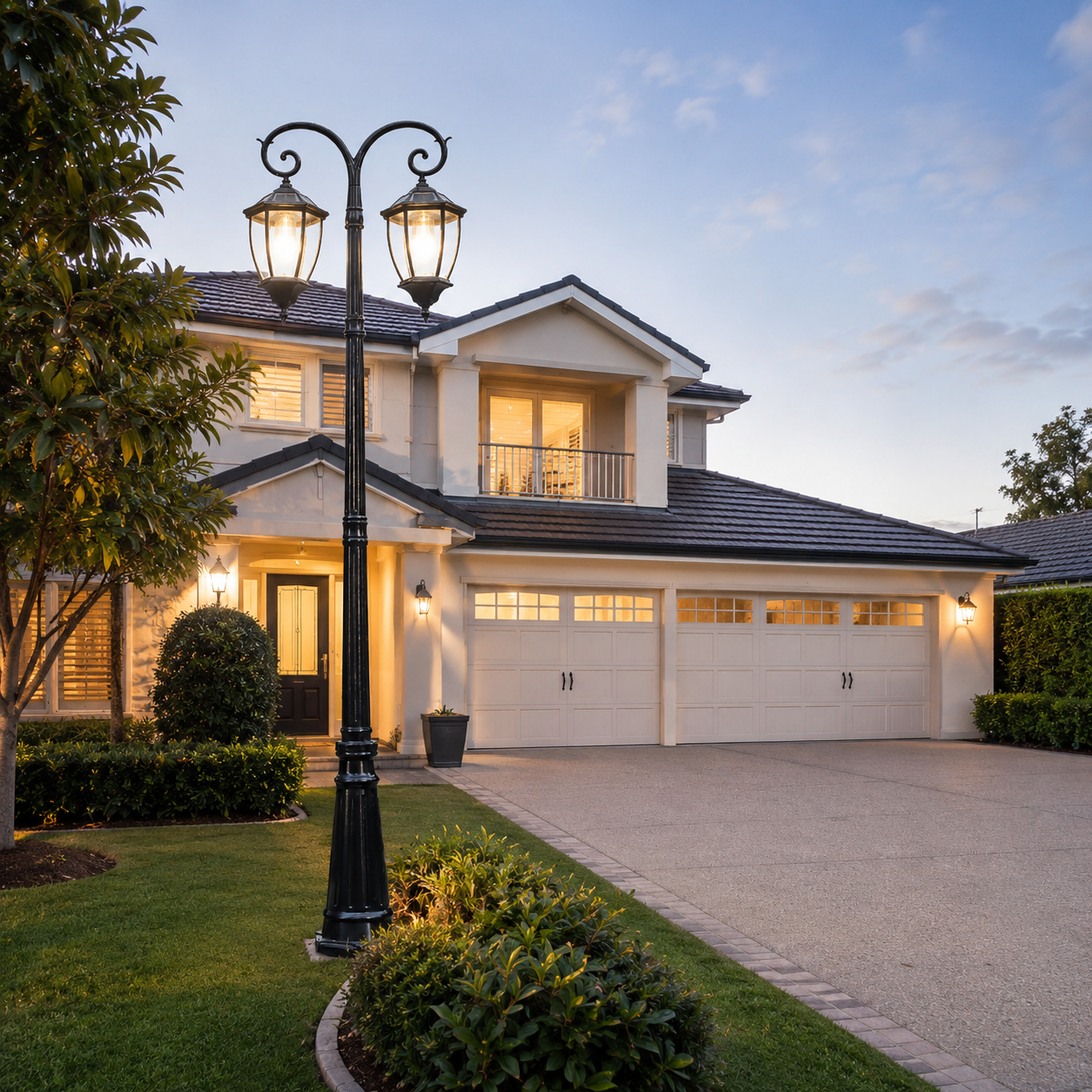 Classic Double Head Solar Coach Post Light providing automatic dusk-to-dawn illumination along a modern double-car garage driveway and home front entrance.