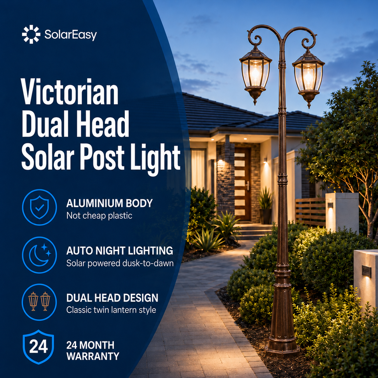 Classic double head solar coach post light infographic highlighting its aluminium body, auto dusk-to-dawn night lighting, and 24-month warranty.