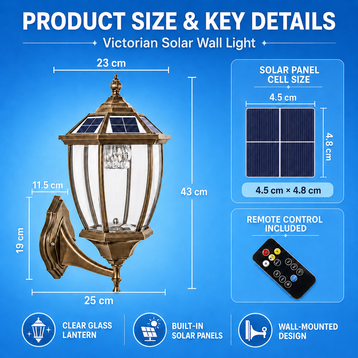 Classic Solar Coach Lantern product size blueprint showing a 43 cm high Victorian‑Style Solar Wall Lantern layout, 4.5 cm by 4.8 cm solar panel dimensions, and a remote control overview.
