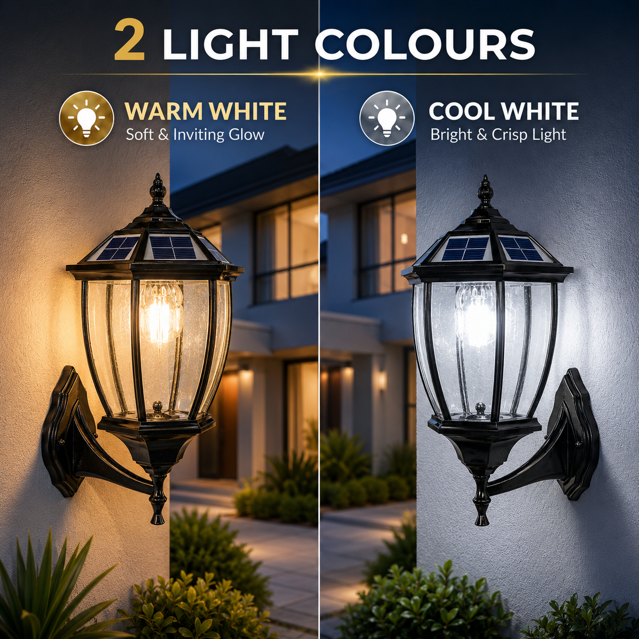 Classic solar coach lantern showing a traditional solar wall sconce demonstrating two light colors including a warm white soft glow and cool white bright light.