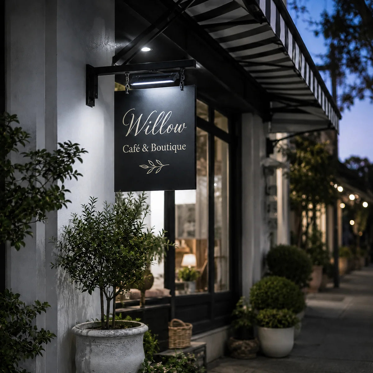 A commercial solar billboard light illuminating a hanging café and boutique shopfront sign at dusk.