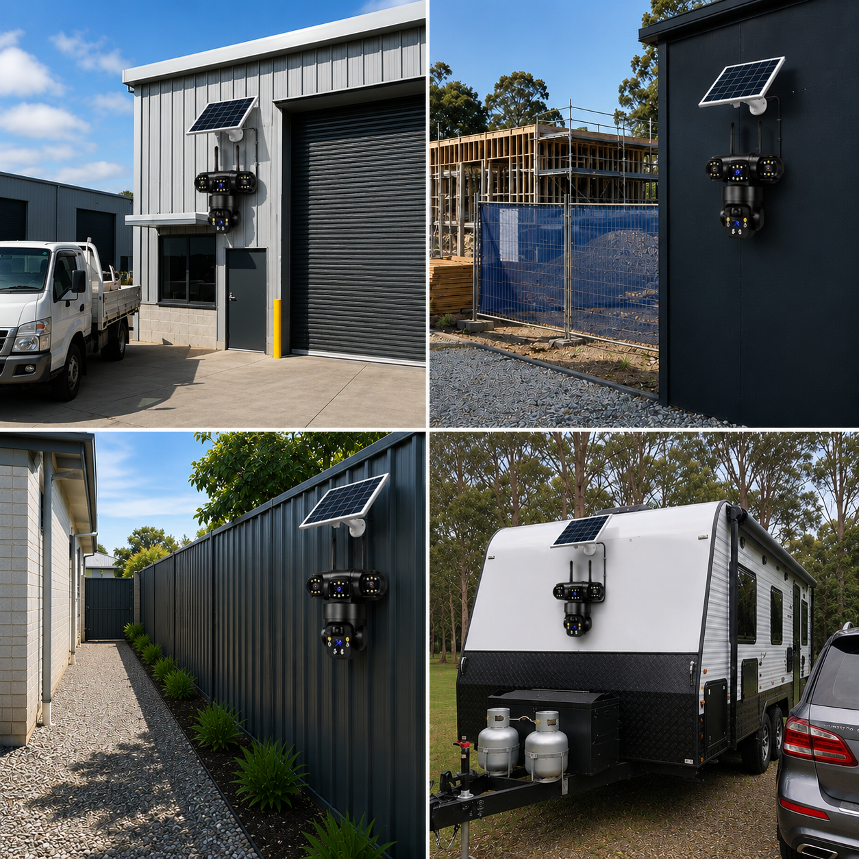 Examples of a 4G solar camera system installed on a commercial warehouse next to a work truck, an active building construction site fence line, a residential colorbond boundary fence, and an off-grid caravan setup in Australia.