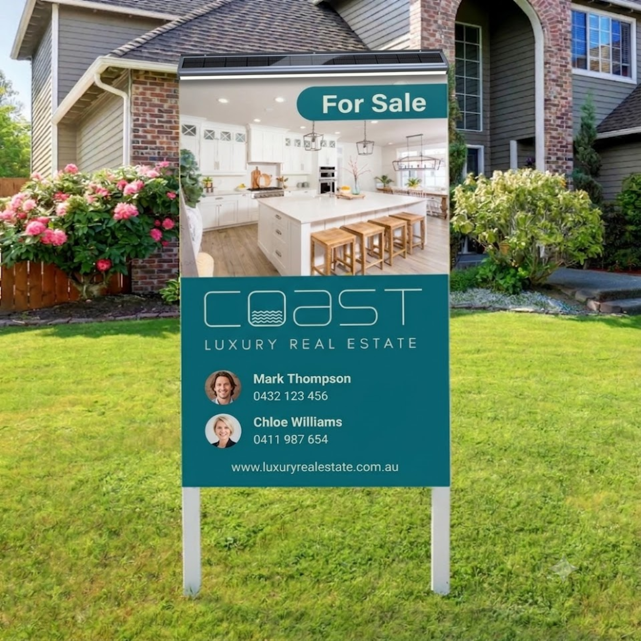 A solar real estate sign light is cleanly top-mounted onto an outdoor for sale marketing board to provide automated night illumination in front of a residential property.