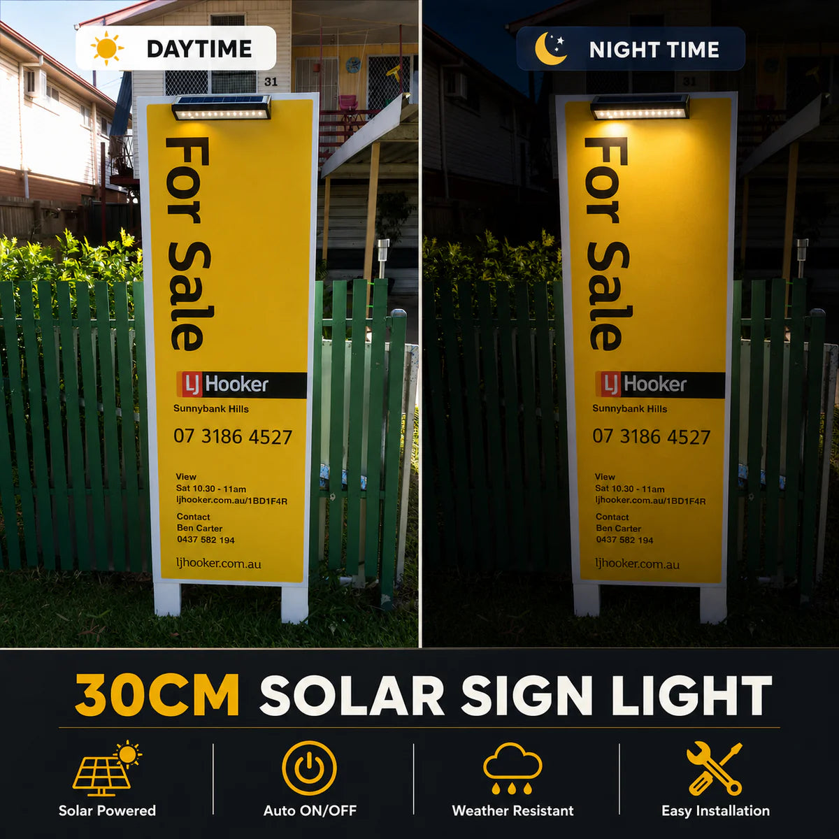 A 30cm solar real estate sign light comparison showing daytime solar charging and nighttime illumination on a yellow for sale board.