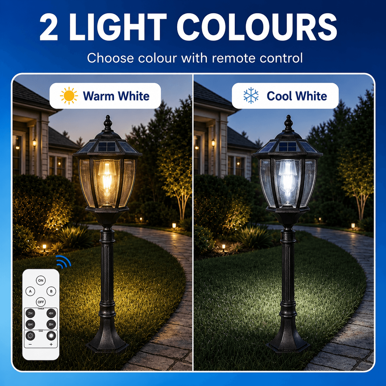 A decorative solar garden light graphic showcasing warm white and cool white lighting modes on a black solar post light with its remote control.