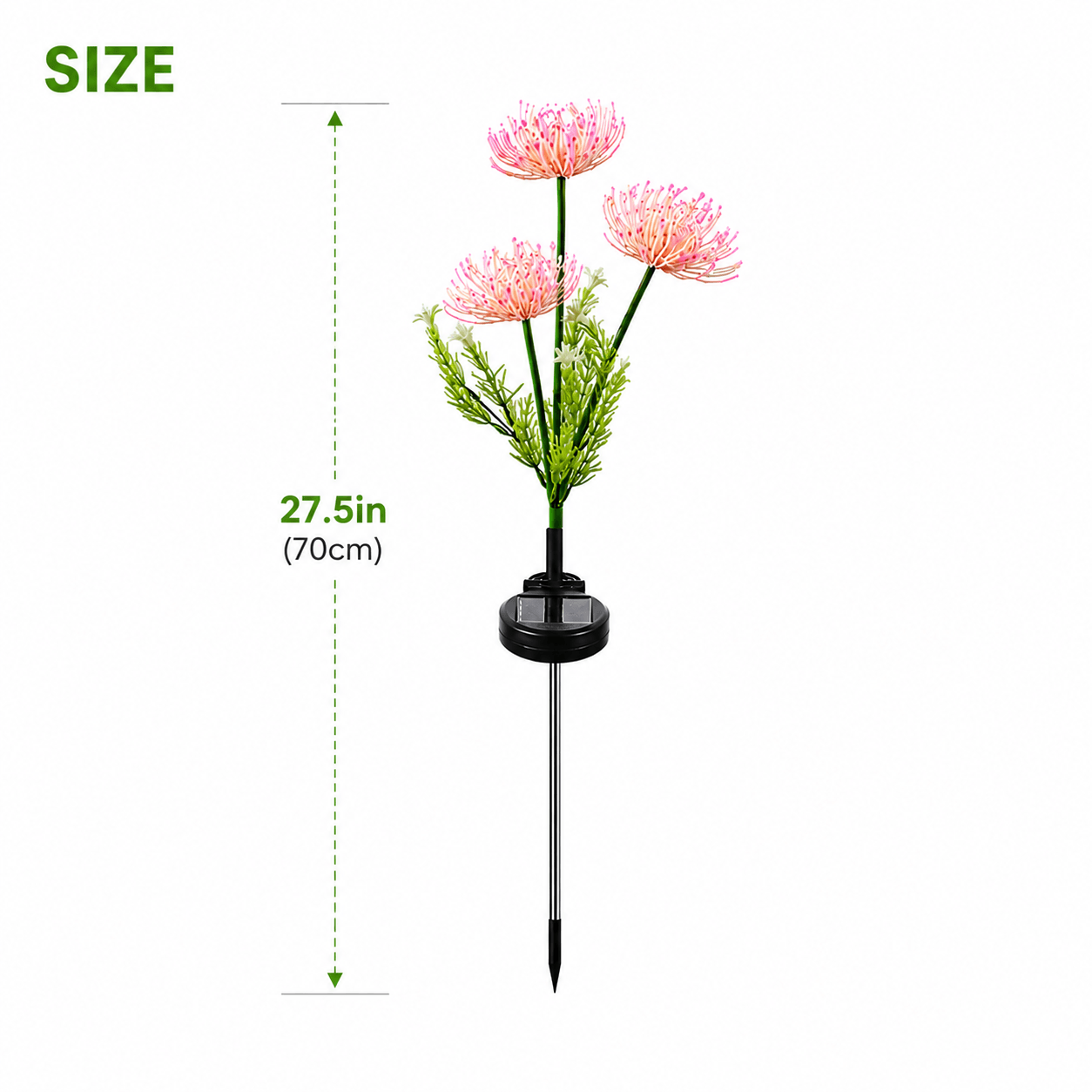 Sizing chart diagram for solar flower stake lights Australia showing the total height dimension of 27.5 inches or 70 centimeters from ground spike to top bloom.