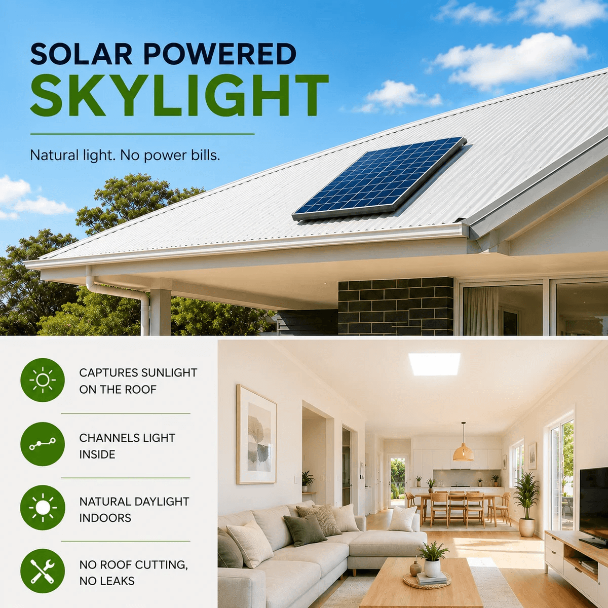 Infographic for a DIY solar ceiling light skylight alternative mounted on a modern Australian corrugated metal roof, showing bright natural daylight indoors with no roof cutting or leaks.