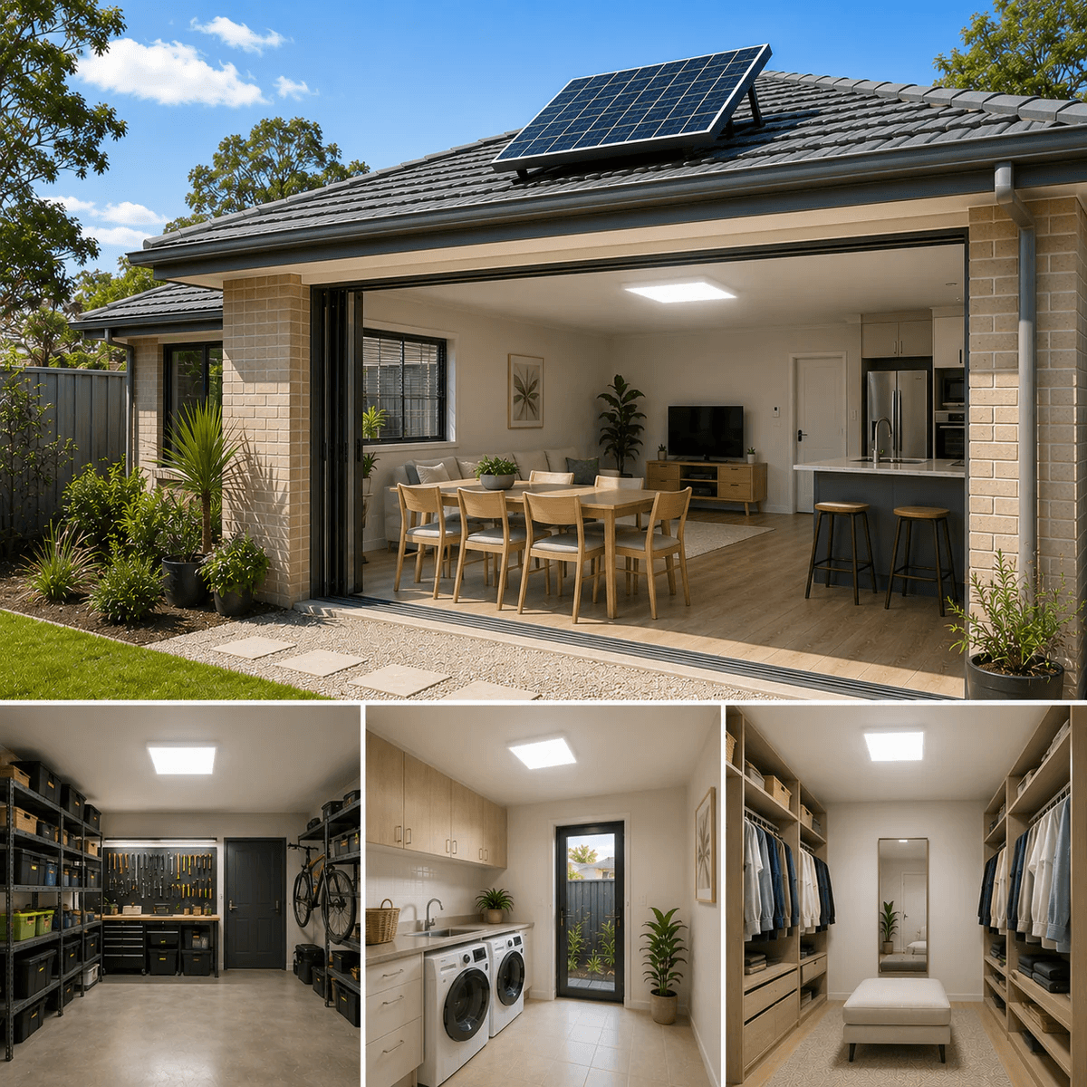 A multi-view showcase of a DIY solar skylight alternative installed on a tiled house roof, lighting up a modern open-plan living area, a backyard garage workshop, an indoor laundry room, and a walk-in wardrobe.