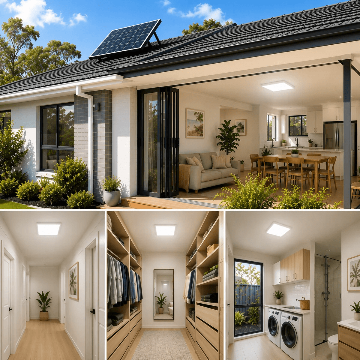 A multi-pane view of a square solar skylight alternative illuminating an Australian home kitchen dining area, a dark hallway corridor, a walk-in robe dressing room, and a windowless laundry room.